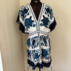 FarmRio Blue Tile Tropical Mini Dress, Size XL